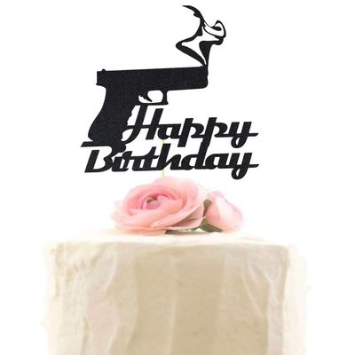 Handgun Happy Birthday Cake Topper, Black Glitter Gun Pistol Shooting Themed Birthday Party Decorations Supplies