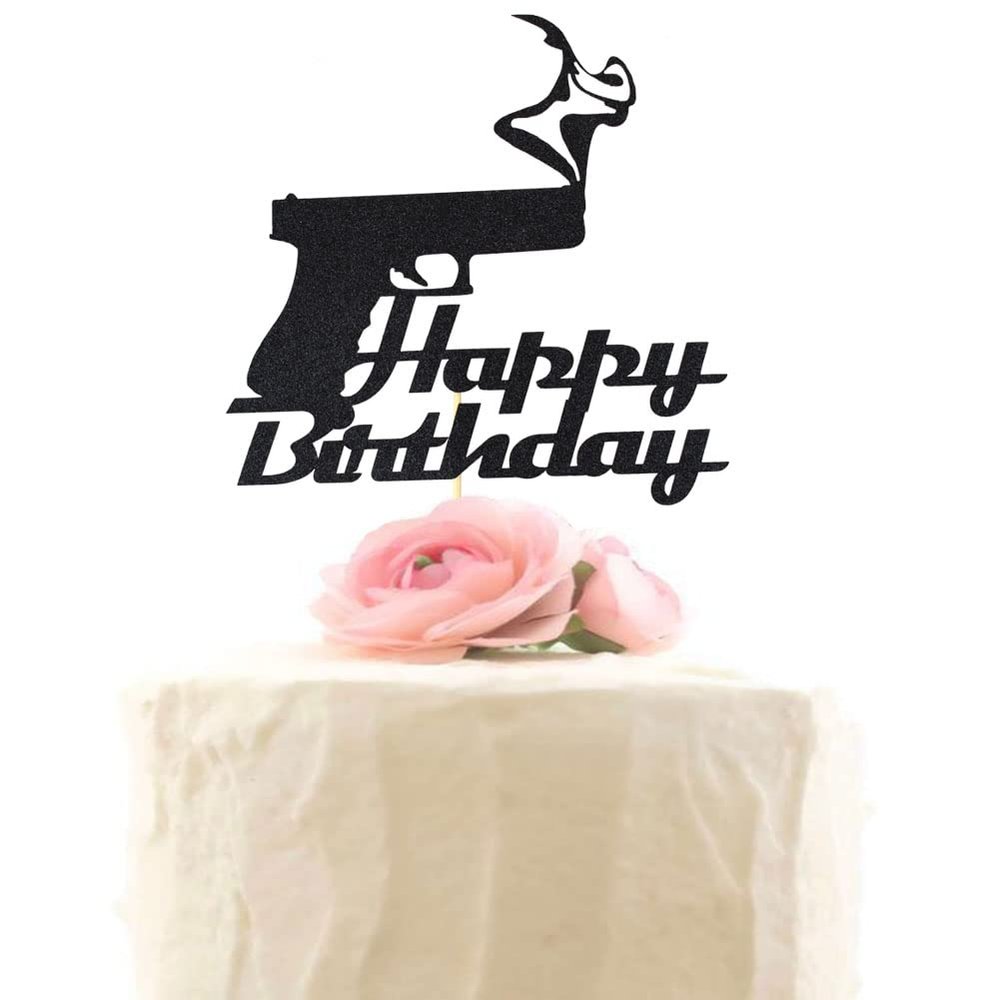 Handgun Happy Birthday Cake Topper, Black Glitter Gun Pistol Shooting Themed Birthday Party Decorations Supplies