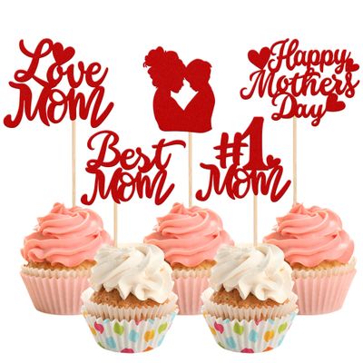Rsstarxi 30 Pack Happy Mother's Day Cupcake Toppers Best Mom Love Mom Cupcake Picks Red