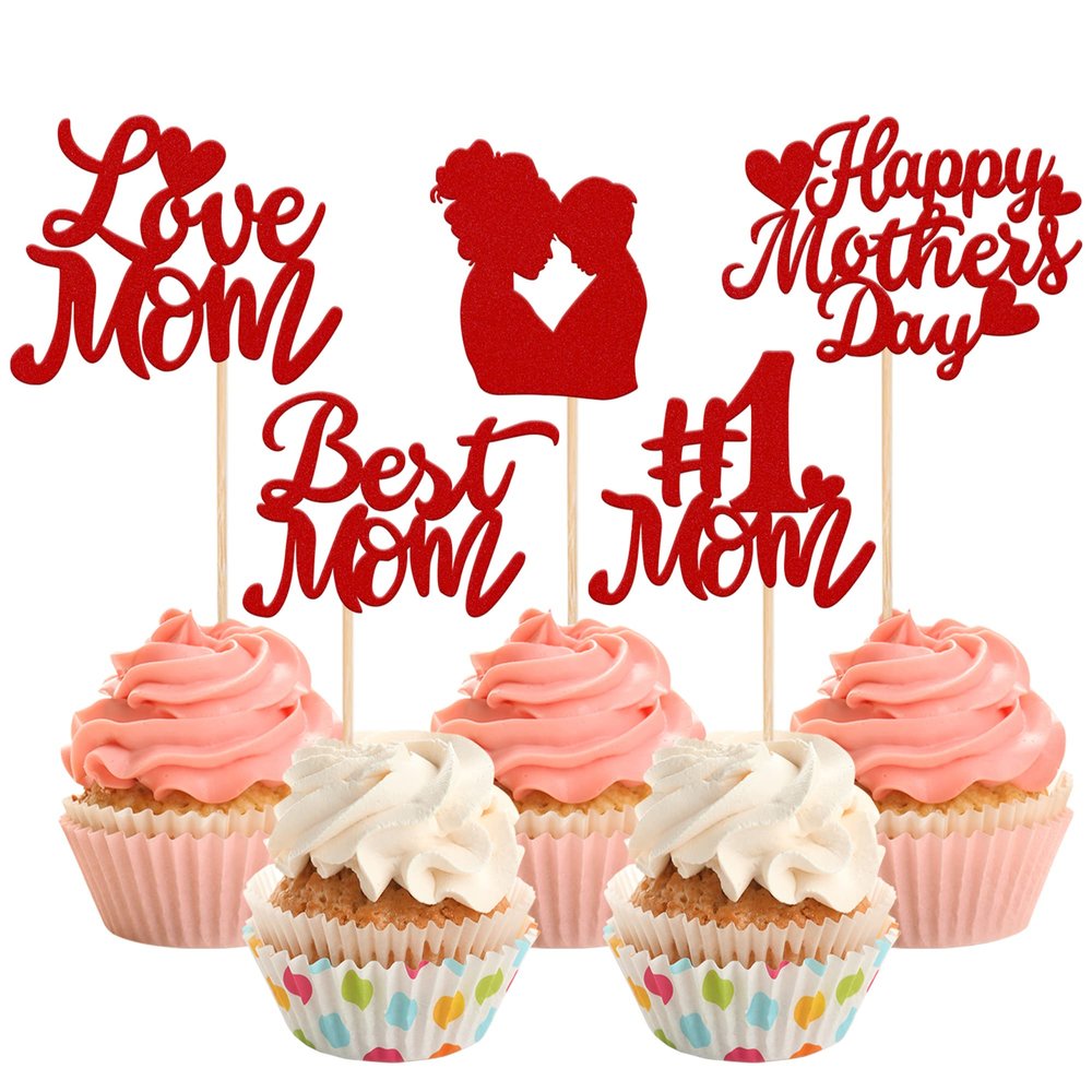 Rsstarxi 30 Pack Happy Mother's Day Cupcake Toppers Best Mom Love Mom Cupcake Picks Red