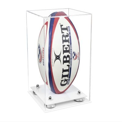 Better Display Cases Acrylic Rugby Ball Display Case Vertical with Clear Case, Silver Risers, White Base 8" x 8" x 12" (A060/B42)