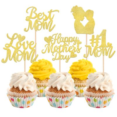 Rsstarxi 30 Pack Gold Glitter Happy Mother's Day Cupcake Toppers Best Mom Ever I Love Mom Cupcake Picks for Happy Mother's Day Theme Birthday Party Cake Decortions