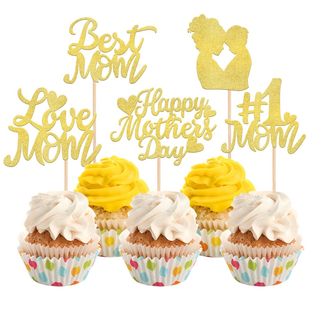 Rsstarxi 30 Pack Gold Glitter Happy Mother's Day Cupcake Toppers Best Mom Ever I Love Mom Cupcake Picks for Happy Mother's Day Theme Birthday Party Cake Decortions