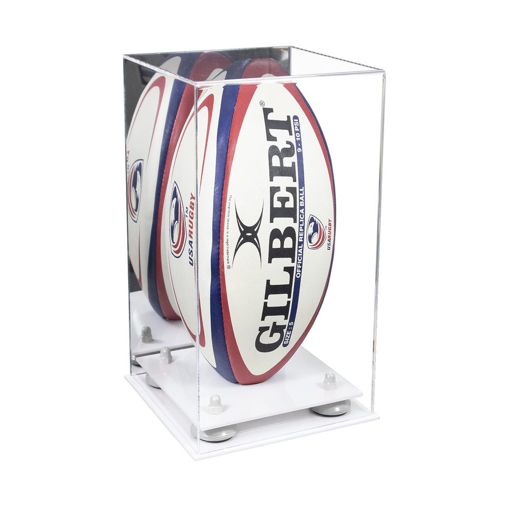 Better Display Cases Acrylic Rugby Ball Display Case Vertical with Mirror Case, White Risers, White Base 8" x 8" x 12" (A060/B42)