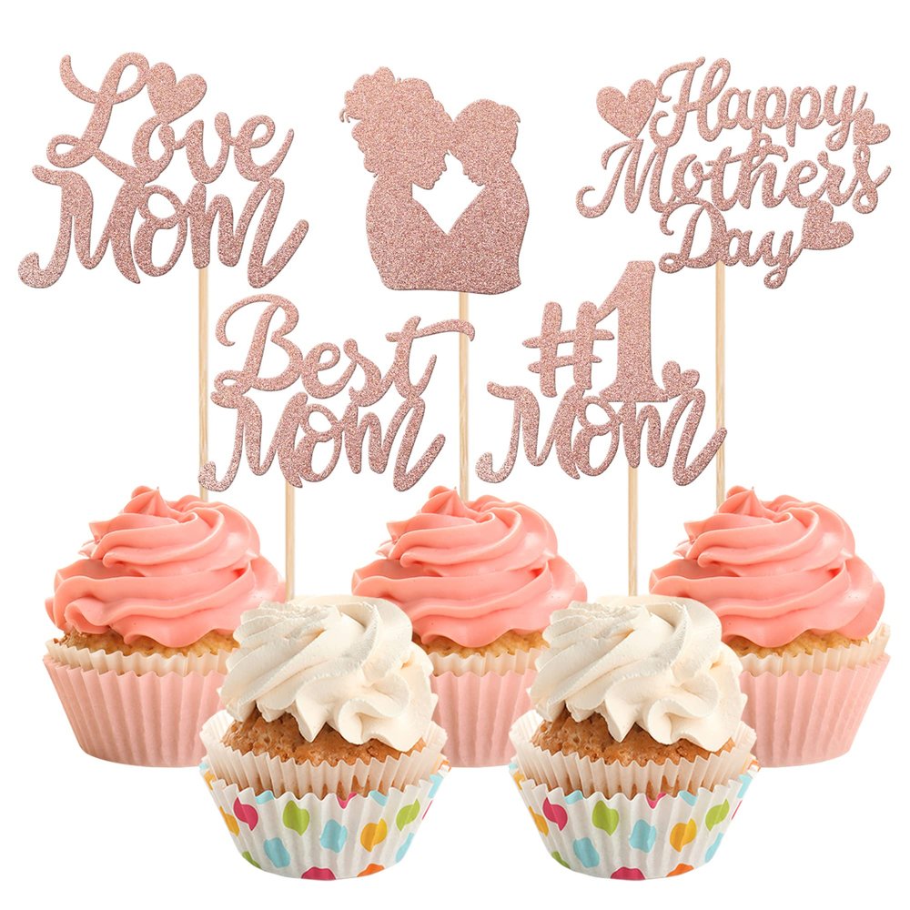 Rsstarxi 30 Pack Happy Mother's Day Cupcake Toppers Glitter Love Mom Best Mom Ever Cupcake Picks Happy Mother's Day Women Birthday Party Cake Decortions Rose Gold
