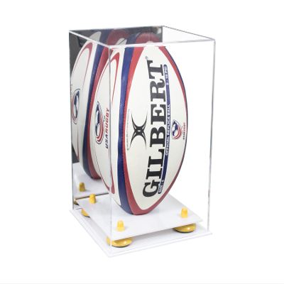 Better Display Cases Acrylic Rugby Ball Display Case Vertical with Mirror Case, Yellow Risers, White Base 8" x 8" x 12" (A060/B42)