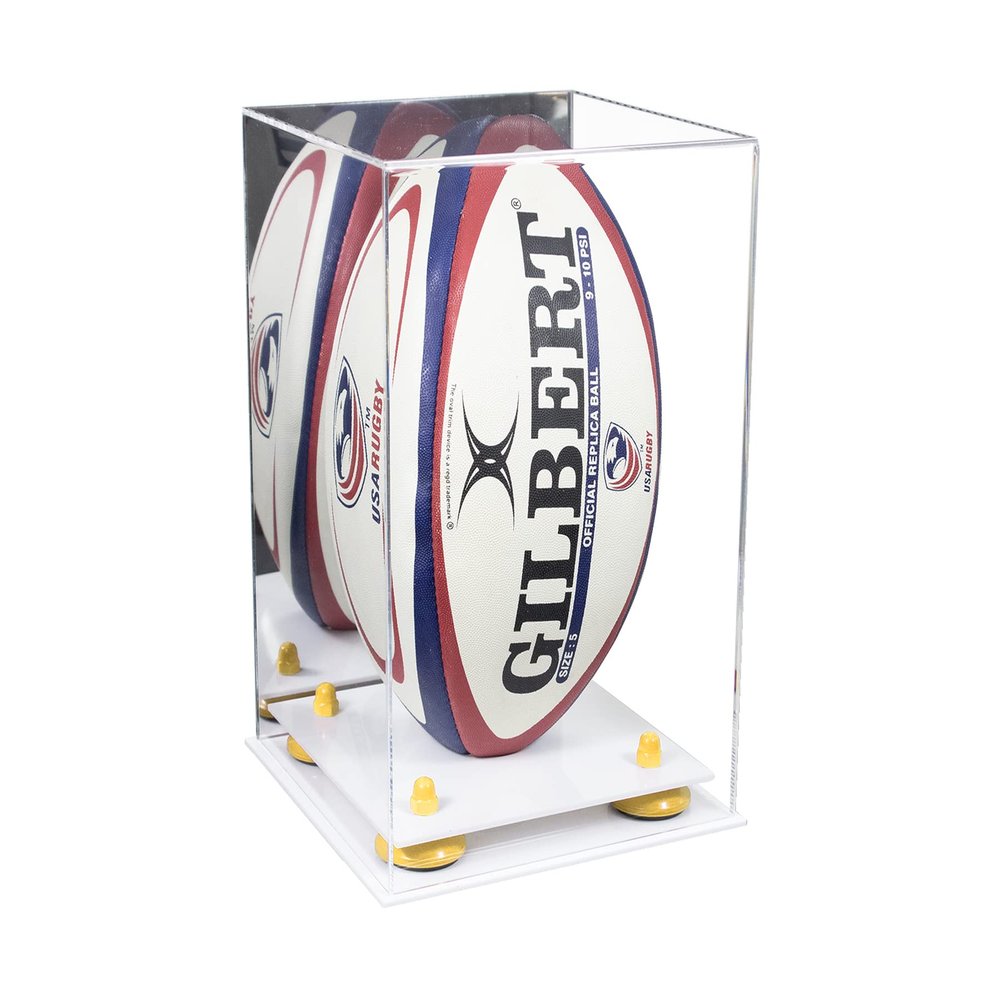 Better Display Cases Acrylic Rugby Ball Display Case Vertical with Mirror Case, Yellow Risers, White Base 8" x 8" x 12" (A060/B42)