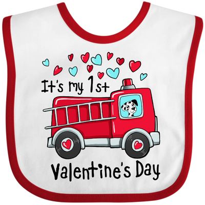 inktastic It's My 1st Valentine's Day Fire Truck with Cute Dalmatian Baby Bib White and Red 39a27