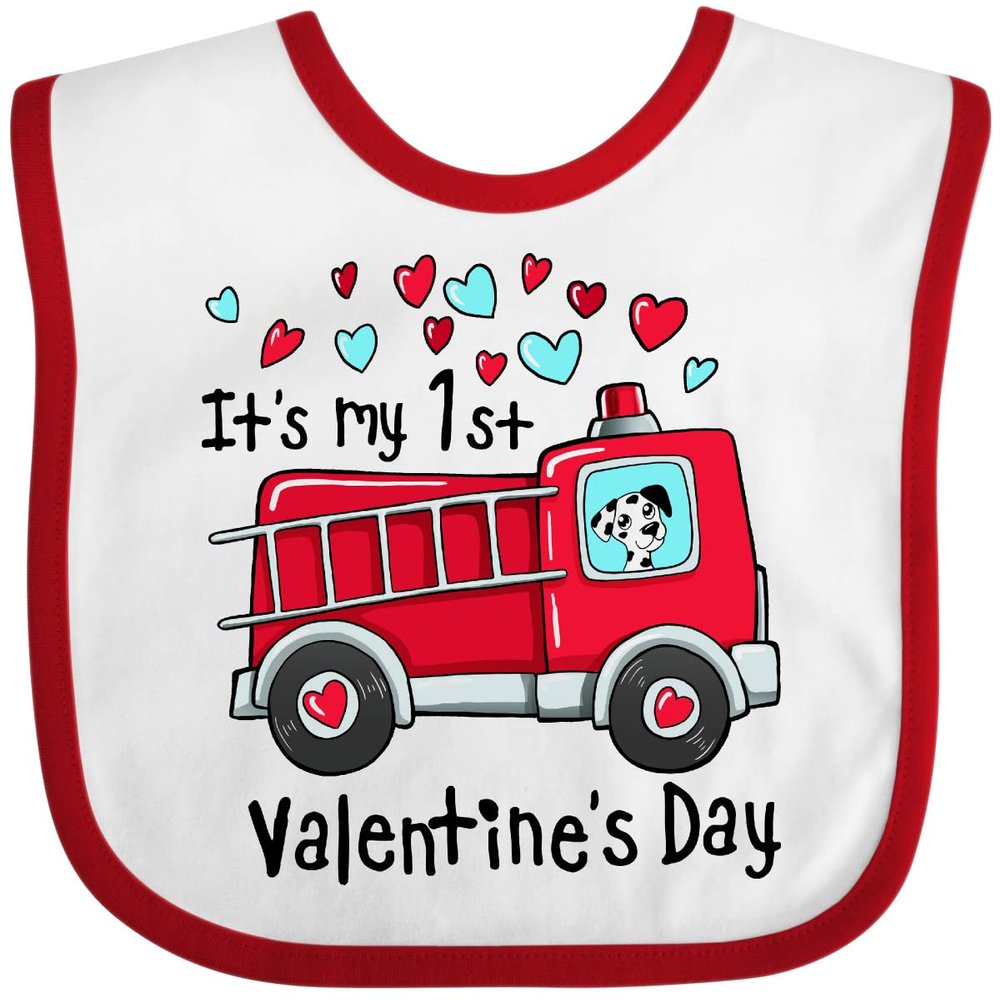 inktastic It's My 1st Valentine's Day Fire Truck with Cute Dalmatian Baby Bib White and Red 39a27