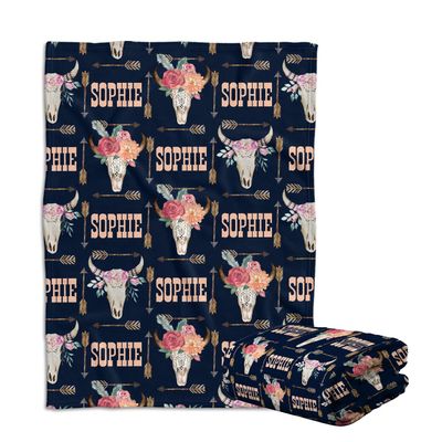 locobird Western Baby Blankets for Girls, Cowgirl Baby Blankets, Cow Skull and Flowers Personalized Baby Blankets, Baby Western Blanket Custom Name Fleece Blankets for Infant Newborn Daughter