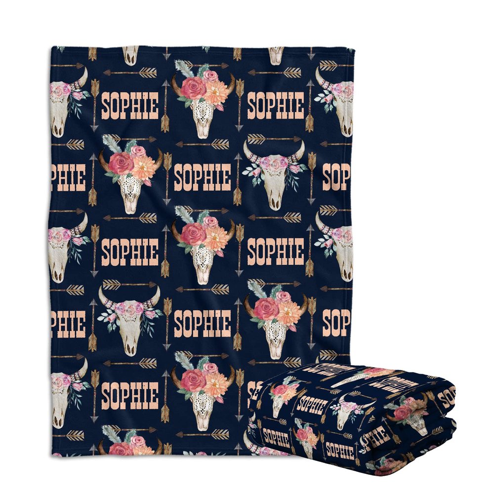locobird Western Baby Blankets for Girls, Cowgirl Baby Blankets, Cow Skull and Flowers Personalized Baby Blankets, Baby Western Blanket Custom Name Fleece Blankets for Infant Newborn Daughter