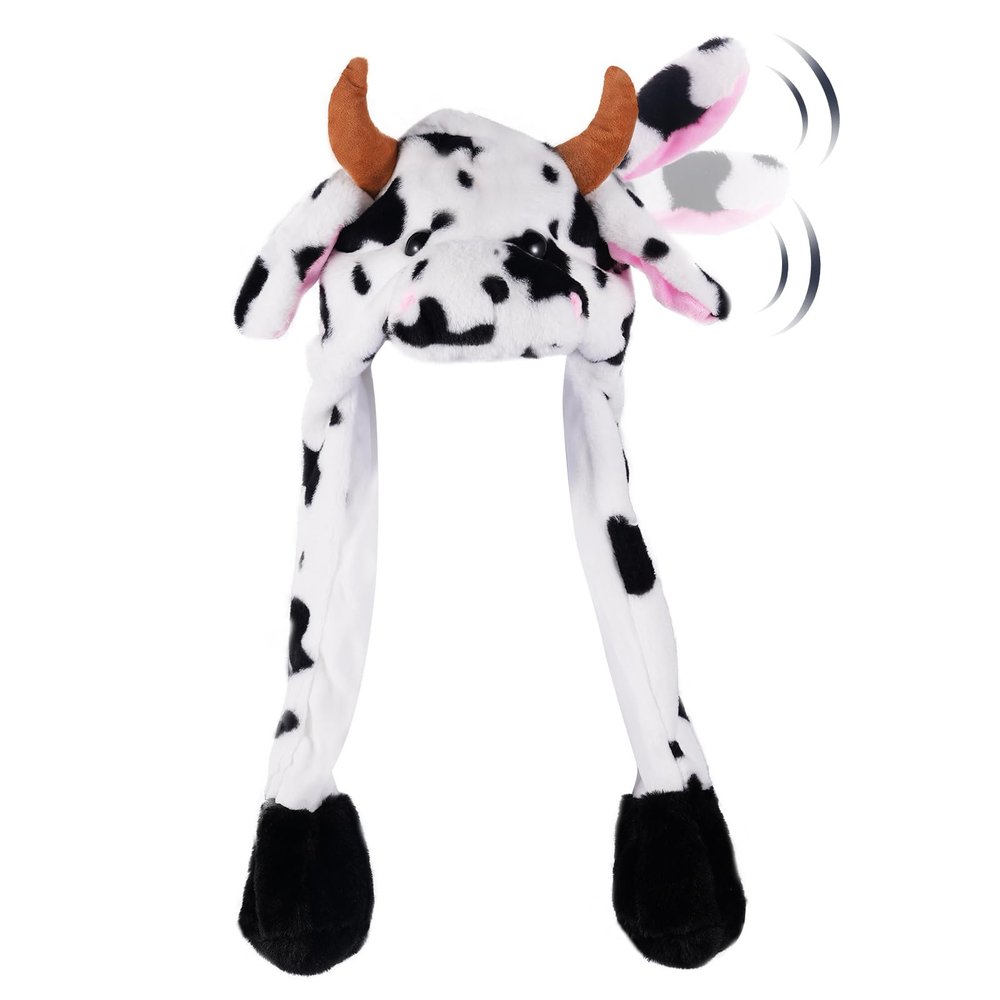 CICITOYWO Funny Plush Animal Hat Ear Moving Jumping Cow Cap for Kids Adults Cosplay Gift (Black and White)