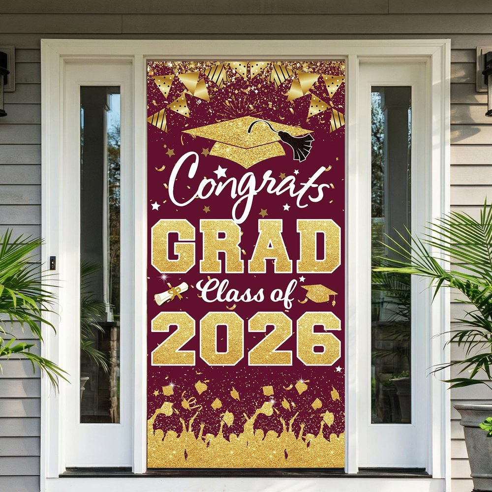 2026 Graduation Party Decorations - Maroon Gold Congrats Grad Class of 2026 Banner Graduation Party Supplies Front Door Cover Porch Sign Banner Backdrop Wall Decor