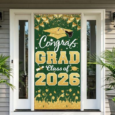 2026 Graduation Party Decorations - Green Gold Congrats Grad Class of 2026 Banner Graduation Party Supplies Front Door Cover Porch Sign Banner Backdrop Wall Decor