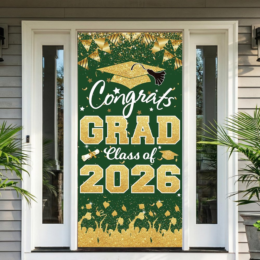 2026 Graduation Party Decorations - Green Gold Congrats Grad Class of 2026 Banner Graduation Party Supplies Front Door Cover Porch Sign Banner Backdrop Wall Decor