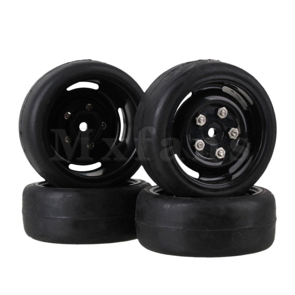 4X 4 Hole Black Wheel Rim&Shaved Head Tyre Replacement for RC1:10 On-Road Car