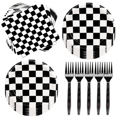 60Pcs Race Car Black and White Checkered Party Supplies - Racing Tableware Set with 7" Plates, Checkered Flag Napkins, Forks for Race Car Themed Birthday Party Decorations (Serves 20)