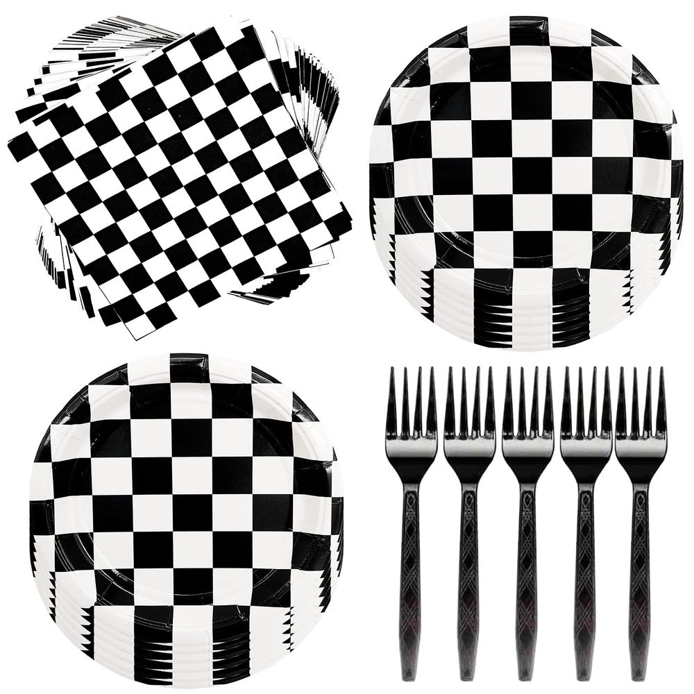 60Pcs Race Car Black and White Checkered Party Supplies - Racing Tableware Set with 7" Plates, Checkered Flag Napkins, Forks for Race Car Themed Birthday Party Decorations (Serves 20)