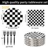 60Pcs Race Car Black and White Checkered Party Supplies - Racing Tableware Set with 7" Plates, Checkered Flag Napkins, Forks for Race Car Themed Birthday Party Decorations (Serves 20) view 3