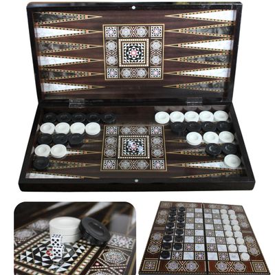 Park&Oz Pearl Premium Turkish Backgammon and Checkers Set 19 Inch Handmade 2 in 1 Wooden Board Game with Glossy Finish Luxury Checkers and Dice Travel Friendly and Foldable