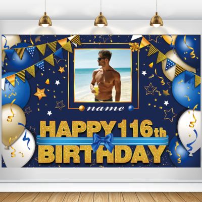 AUBAO Custom Happy 116th Birthday Decorations Banner - 116 Years Old Backdrop for Women Men Boys Girls Personalization Party Supplies Navy Blue