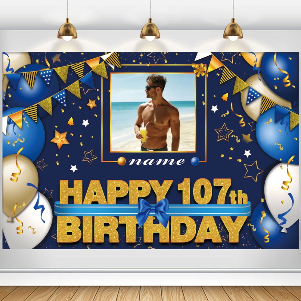 AUBAO Custom Happy 107th Birthday Decorations Banner - 107 Years Old Backdrop for Women Men Boys Girls Personalization Party Supplies Navy Blue