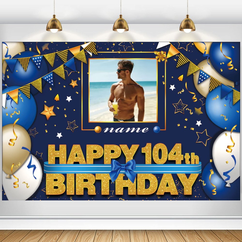 AUBAO Custom Happy 104th Birthday Decorations Banner - 104 Years Old Backdrop for Women Men Boys Girls Personalization Party Supplies Navy Blue