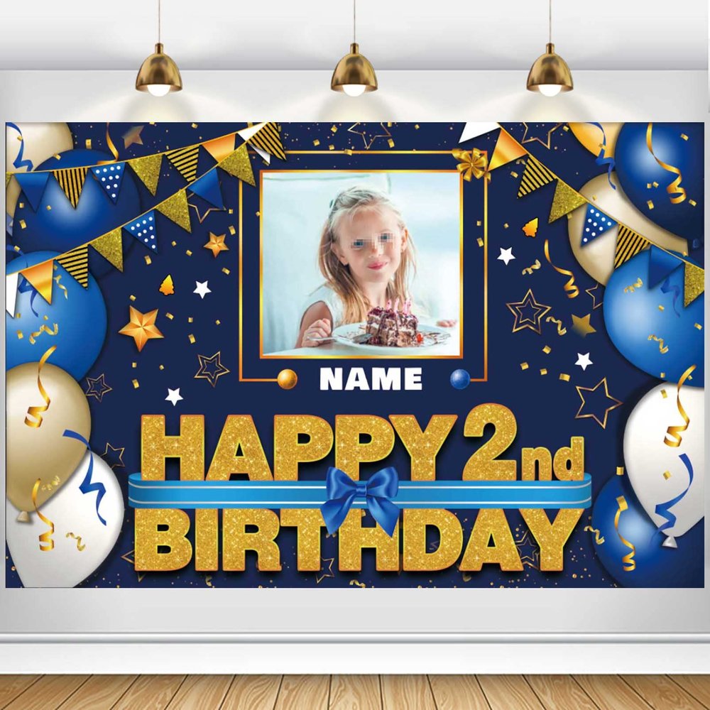 AUBAO Custom Happy 2nd Birthday Decorations Banner - 2 Years Old Backdrop for Women Men Boys Girls Personalization Party Supplies Navy Blue