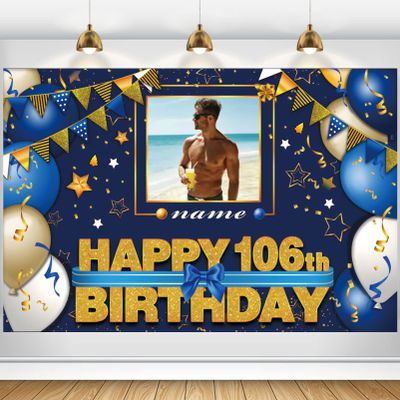 AUBAO Custom Happy 106th Birthday Decorations Banner - 106 Years Old Backdrop for Women Men Boys Girls Personalization Party Supplies Navy Blue