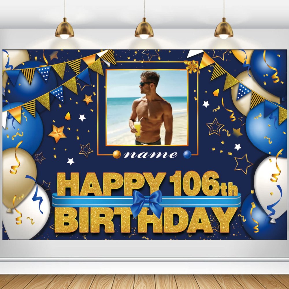 AUBAO Custom Happy 106th Birthday Decorations Banner - 106 Years Old Backdrop for Women Men Boys Girls Personalization Party Supplies Navy Blue