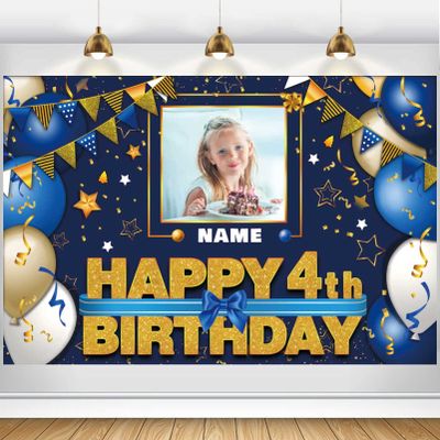AUBAO Custom Happy 4th Birthday Decorations Banner - 4 Years Old Backdrop for Women Men Boys Girls Personalization Party Supplies Navy Blue
