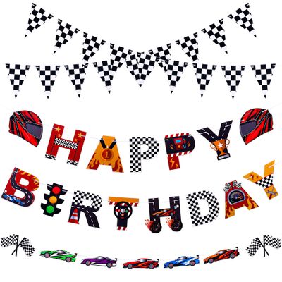 Set of 5 Race Car Party Banners Happy Birthday Paper String Banners Car Theme Garlands Banner Checkered Flag Pennants for Birthday Party Supplies Photo Props Wall Decor