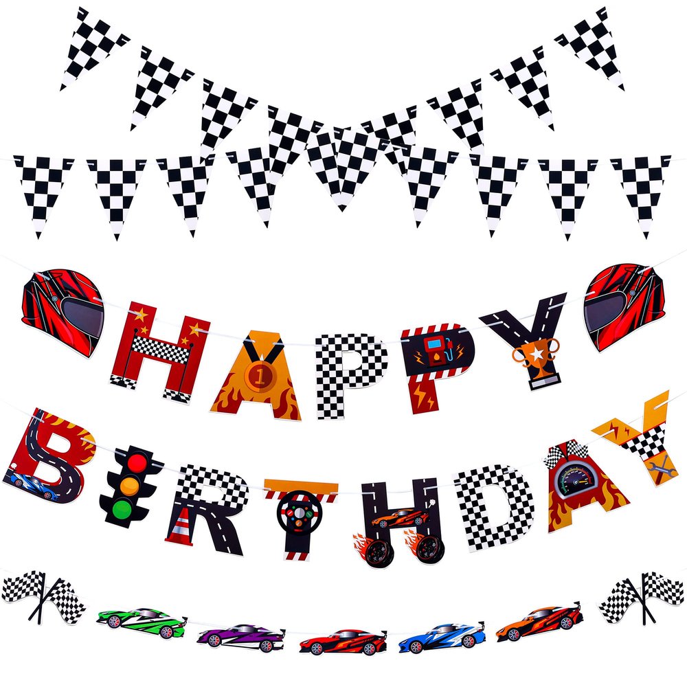 Set of 5 Race Car Party Banners Happy Birthday Paper String Banners Car Theme Garlands Banner Checkered Flag Pennants for Birthday Party Supplies Photo Props Wall Decor