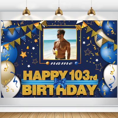 AUBAO Custom Happy 103rd Birthday Decorations Banner - 103 Years Old Backdrop for Women Men Boys Girls Personalization Party Supplies Navy Blue