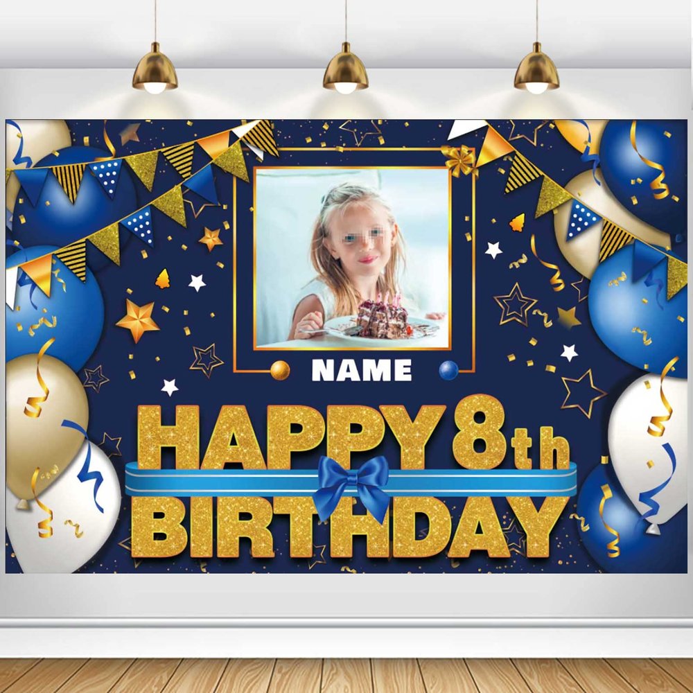 AUBAO Custom Happy 8th Birthday Decorations Banner - 8 Years Old Backdrop for Women Men Boys Girls Personalization Party Supplies Navy Blue