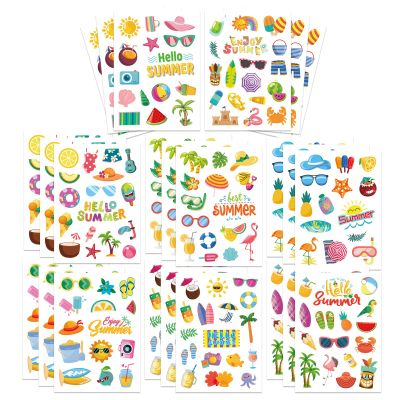 24 Sheets Summer Pool Beach Stickers Luau Hawaii Sun Stickers Beach Watermelon Beer Ice Cream Pineapple Sticker for Hawaii Tropical Party Decoration Sticker Summer Holiday Party Favors