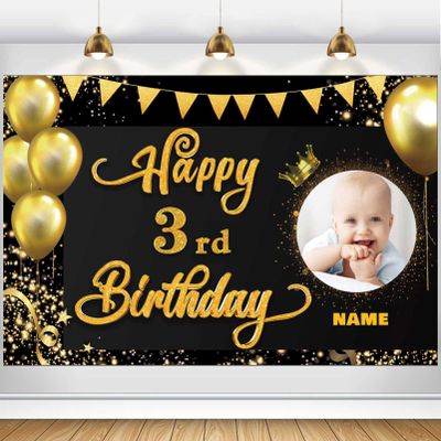 AUBAO Custom Happy 3rd Birthday Decorations Banner -3 Years Old Backdrop forwomenmen Boys Girls - Personalization Party Supplies Black and Gold, 4x6ft/5x7.5ft/6x9ft/7x10.5ft/8x12ft