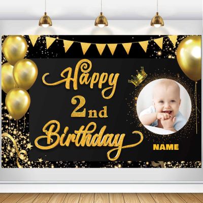 AUBAO Custom Happy 2nd Birthday Decorations Banner -2 Years Old Backdrop forwomenmen Boys Girls - Personalization Party Supplies Black and Gold, 4x6ft/5x7.5ft/6x9ft/7x10.5ft/8x12ft