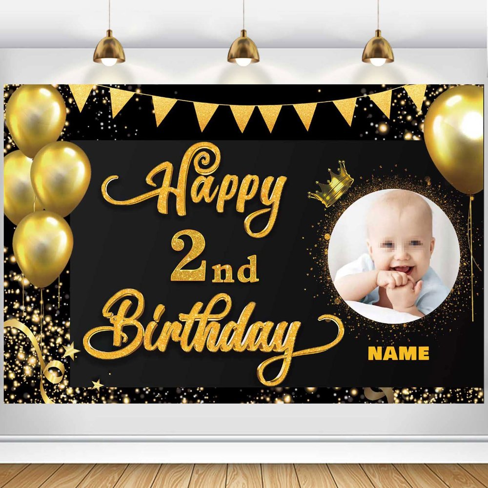 AUBAO Custom Happy 2nd Birthday Decorations Banner -2 Years Old Backdrop forwomenmen Boys Girls - Personalization Party Supplies Black and Gold, 4x6ft/5x7.5ft/6x9ft/7x10.5ft/8x12ft
