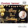 AUBAO Custom Happy 2nd Birthday Decorations Banner -2 Years Old Backdrop forwomenmen Boys Girls - Personalization Party Supplies Black and Gold, 4x6ft/5x7.5ft/6x9ft/7x10.5ft/8x12ft view 2