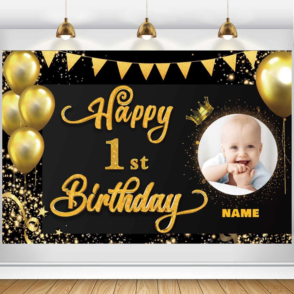 AUBAO Custom Happy 1st Birthday Decorations Banner -1 Years Old Backdrop forwomenmen Boys Girls - Personalization Party Supplies Black and Gold, 4x6ft/5x7.5ft/6x9ft/7x10.5ft/8x12ft