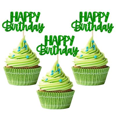 Gyufise 24Pcs Happy Birthday Cupcake Toppers Glitter Birthday Cupcake Food Picks for Celebrating Wedding Anniversary Party Cake Decorations Supplies Green