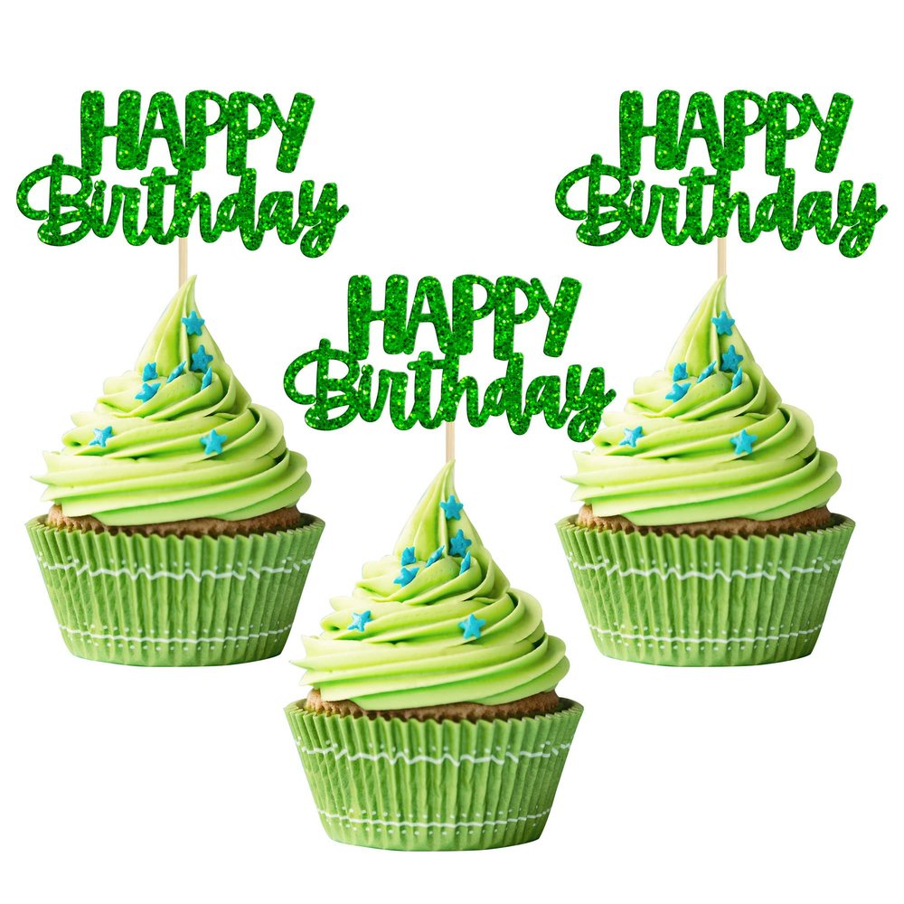 Gyufise 24Pcs Happy Birthday Cupcake Toppers Glitter Birthday Cupcake Food Picks for Celebrating Wedding Anniversary Party Cake Decorations Supplies Green