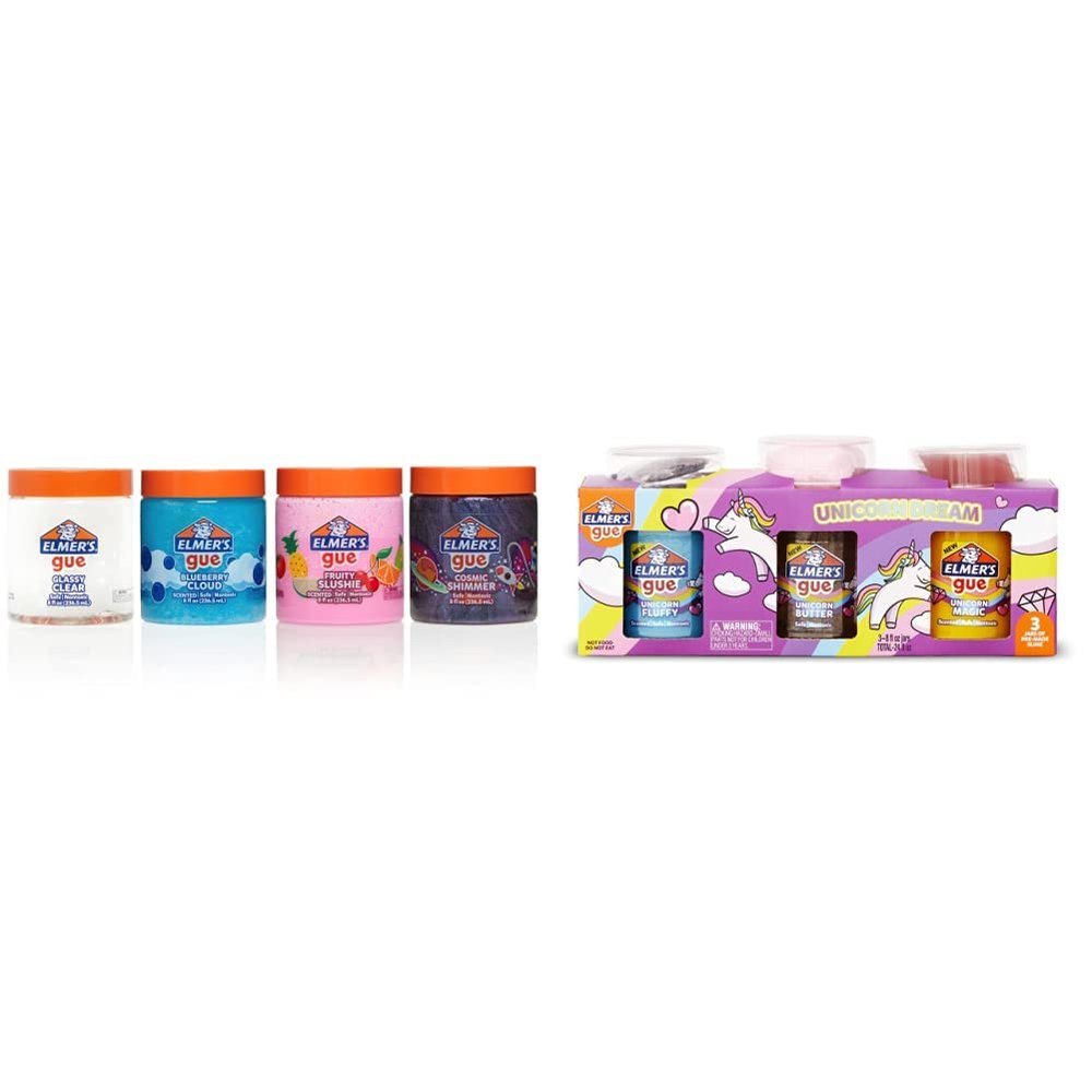 Elmer's GUE Premade Slime Variety Pack - Clear & Unicorn Dream Kit With Fun, Unique Add-Ins, 3 Count