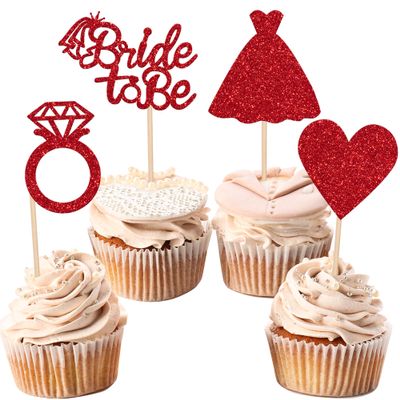 24 PCS Bride to Be Cupcake Toppers Glitter Love Heart Ring Cupcake Picks Dress Bridal Shower Cake Decorations for Wedding Engagement Bachelorette Theme Party Supplies Red