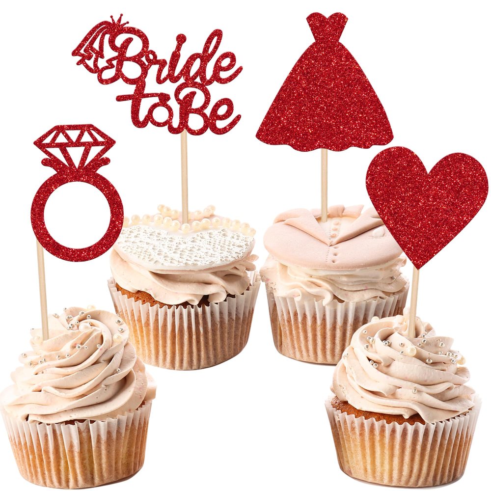 24 PCS Bride to Be Cupcake Toppers Glitter Love Heart Ring Cupcake Picks Dress Bridal Shower Cake Decorations for Wedding Engagement Bachelorette Theme Party Supplies Red