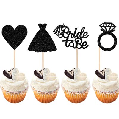 24 PCS Bride to Be Cupcake Toppers Glitter Love Heart Ring Dress Bridal Shower Cupcake Picks for Wedding Engagement Bachelorette Party Cake Decorations Supplies Black