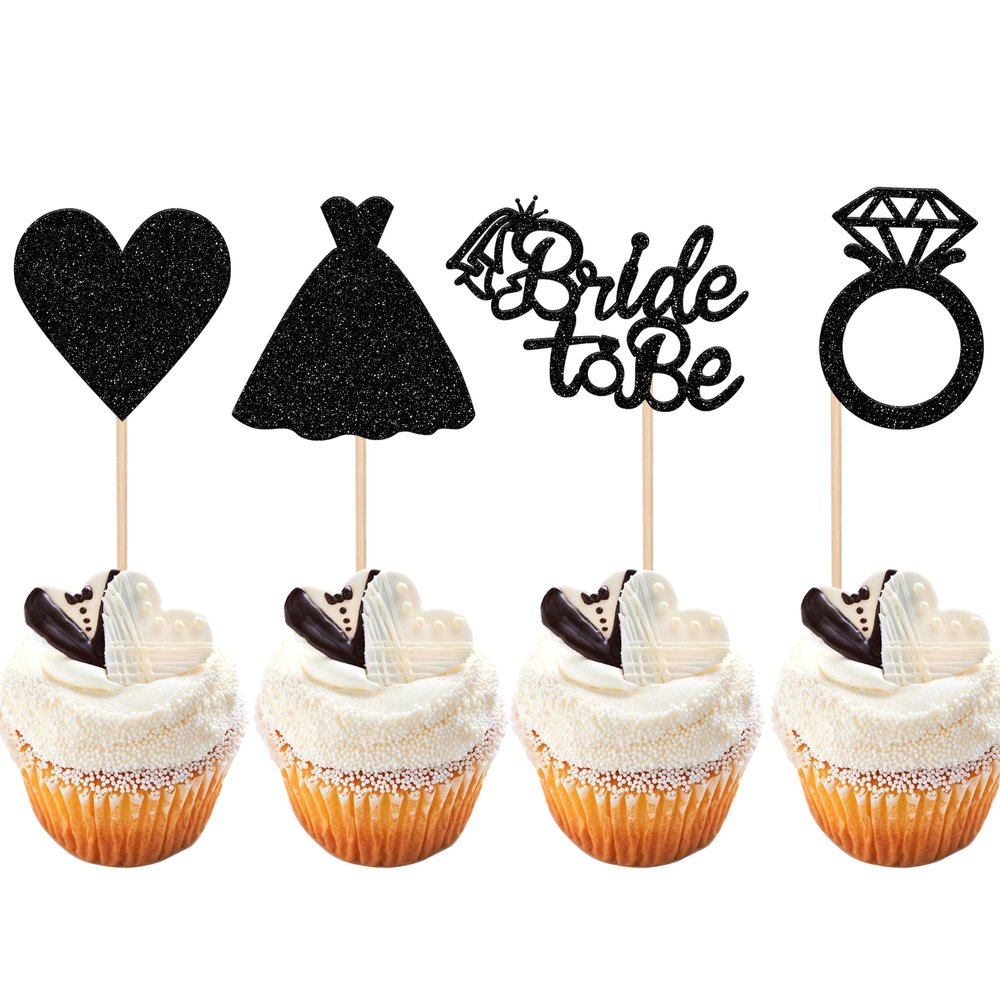 24 PCS Bride to Be Cupcake Toppers Glitter Love Heart Ring Dress Bridal Shower Cupcake Picks for Wedding Engagement Bachelorette Party Cake Decorations Supplies Black