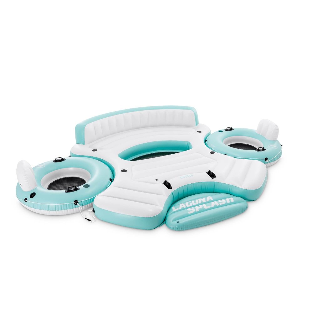 Intex Laguna Splash Island Outdoor Floating Water Raft with 2 Detachable Solo Lounge Tubes, Connectors, Built-in Cupholders, and Grab Handles, Blue