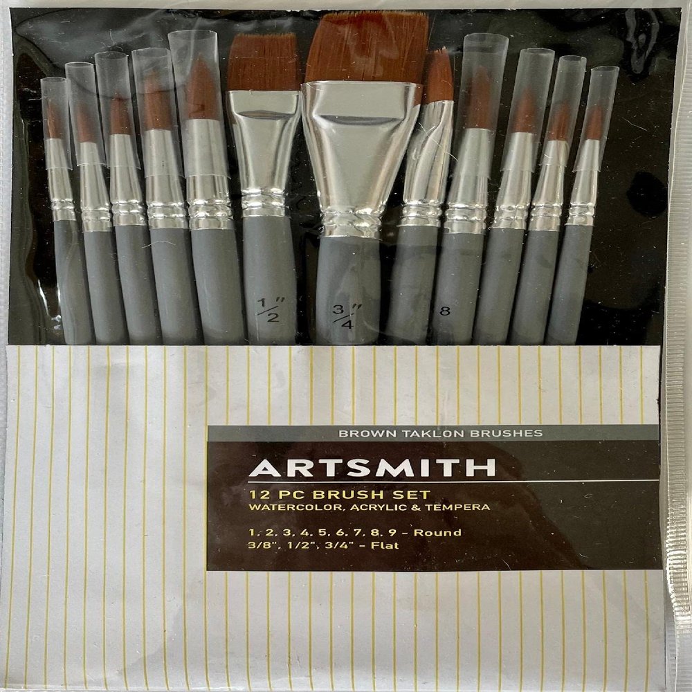 Artsmith 12pc Brown Taklon Brush Set for Acrylics, Watercolor and Tempera 1825-3385